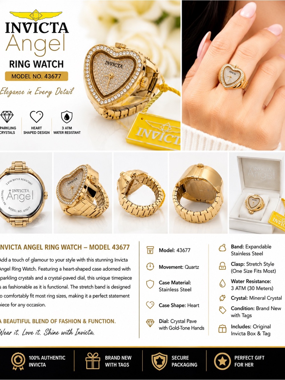 Invicta Angel Gold Heart Ring Watch - Gold